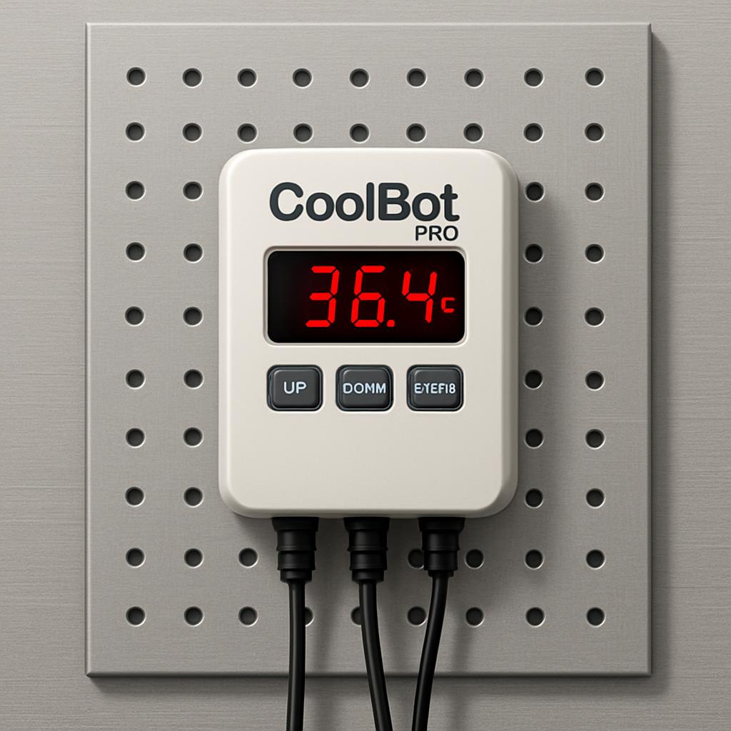 A close-up photograph of an HDPE plastic and grey metal CoolBot Pro remote controller, similar to a thermostat, with a bla...